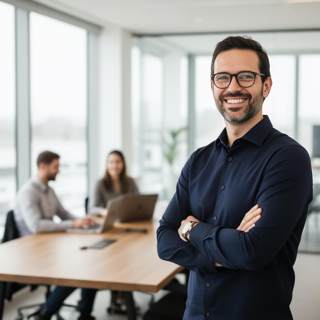 Lächelnder Unternehmer mit verschränkten Armen in einem modernen Büro